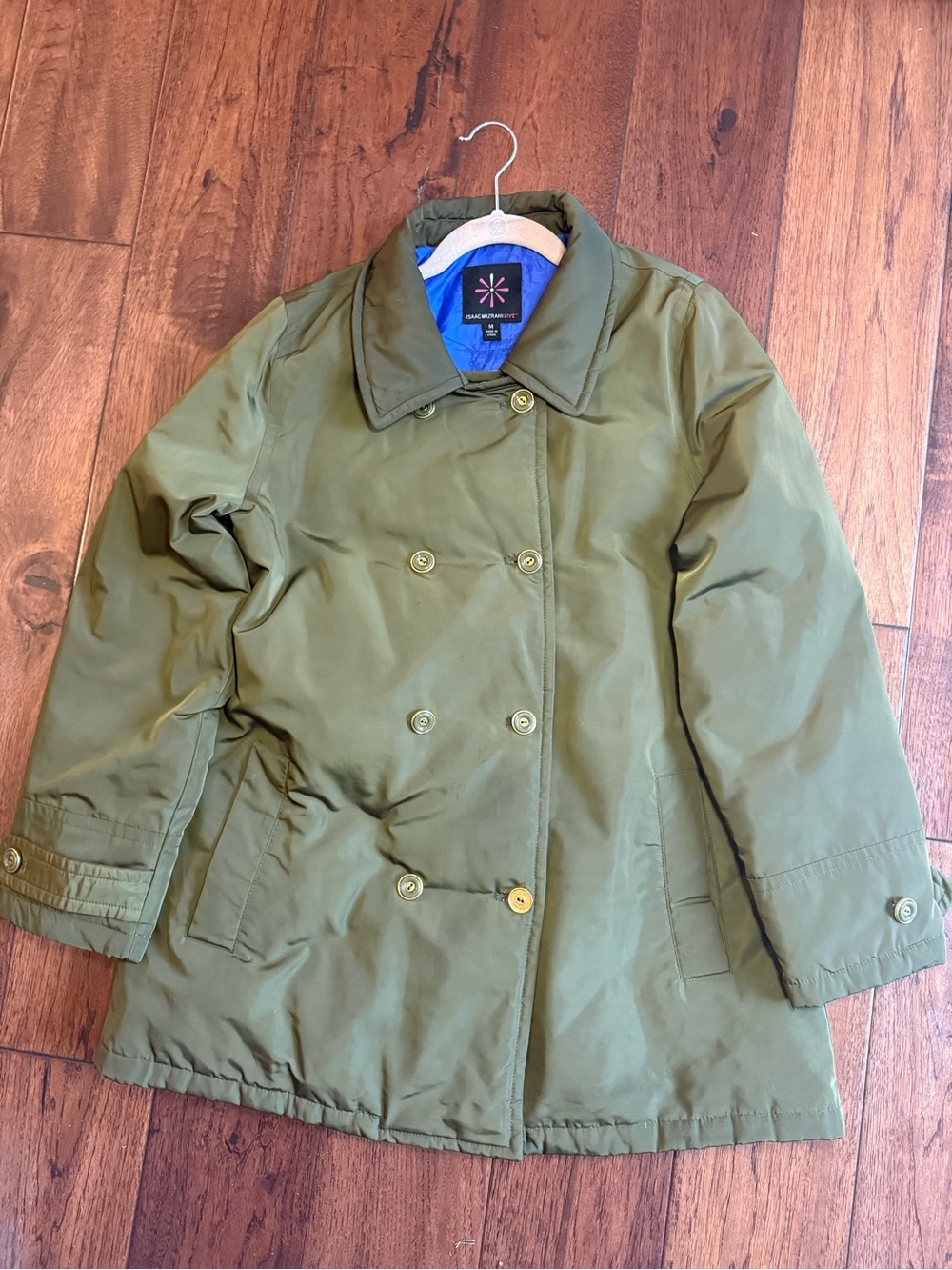 Isaac Mizrahi Live! Olive Green Double Breasted Jacket Coat with Blue Lining M